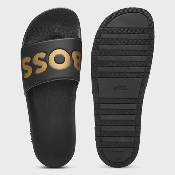 BOSS Black and Gold Slide Sandals NWT - Picture 1 of 4